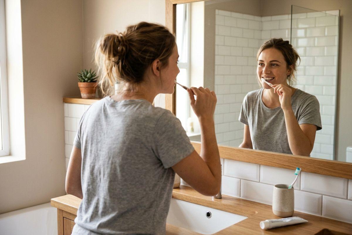 Adult brushing teeth while smiling at their reflection in a bathroom mirror, with a toothbrush holder and toothpaste on the wooden vanity.
