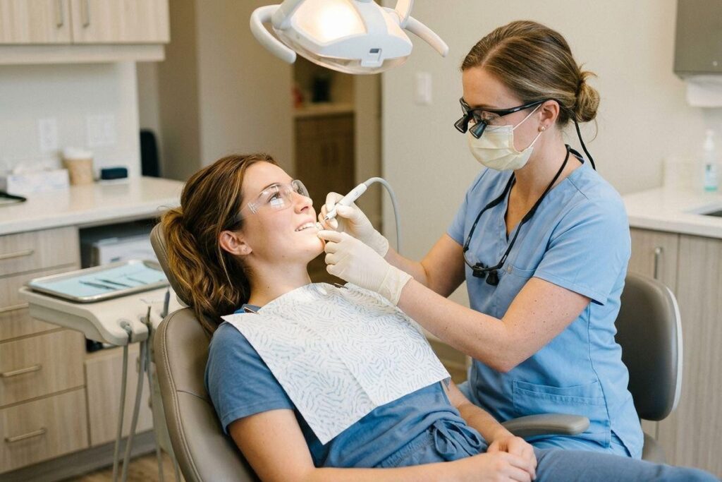 Dentist examines a reclined patient's teeth in a dental chair under an overhead light, using a handheld tool while wearing a mask and loupes.