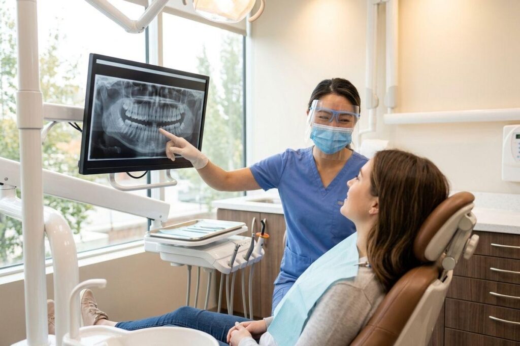Dentist pointing at a dental X-ray on a monitor while a patient reclines in a dental chair looking at the screen.